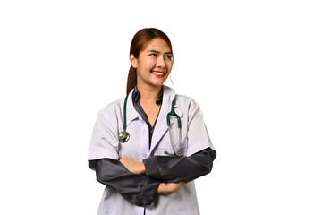 Portrait of a friendly female doctor in white coat standing isolated on white background. Medical and healthcare concept