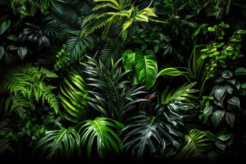 Fototapeta na wymiar Tropical rainforest foliage plants bushes (ferns, palm, philodendrons, and tropic plants leaves) in tropical garden on black background, green, Generative AI