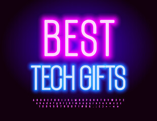 Vector business promotion Best Tech Gifts. Neon set of Alphabet Letters, Numbers and Symbols. Purple glowing Font
