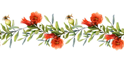 Pomegranate branches with red flowers blossom and young fruits watercolor horizontal seamless banner. Botanical illustration for Rosh Hashanah, natural cosmetic w2eb sites