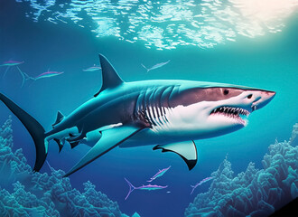 Fototapeta premium White Shark underwater on ocean. Generative AI