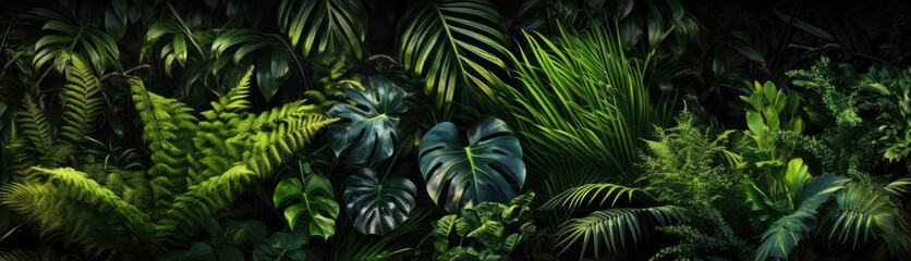 Tropical rainforest foliage plants bushes (ferns, palm, philodendrons, and tropic plants leaves) in tropical garden on black background, green, Generative AI