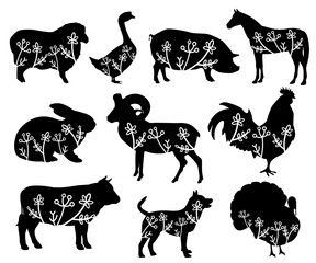 Sheep, goose, pig, horse, rabbit, goat, rooster, cow, dog, turkey. Vector animal with floral element. Illustration. Animal silhouette. Black isolated silhouette