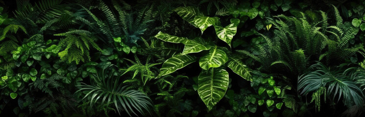 Naklejka na ściany i meble Tropical rainforest foliage plants bushes (ferns, palm, philodendrons, and tropic plants leaves) in tropical garden on black background, green, Generative AI
