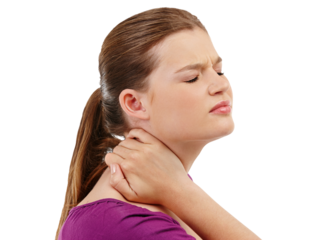 Stress, tired and woman with neck pain, anatomy problem and accident with body injury. Sad, frustrated and a person with muscle strain, anxiety and emergency isolated on a transparent png background