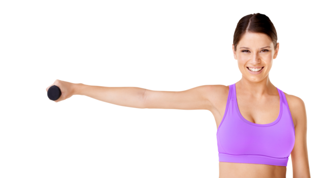 Exercise, woman portrait and weight for fitness in isolated on a transparent, png background. Young female person, smile and wellness training of a happy model with workout for health and sports