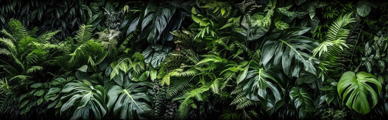 Tropical rainforest foliage plants bushes (ferns, palm, philodendrons, and tropic plants leaves) in tropical garden on black background, green, Generative AI