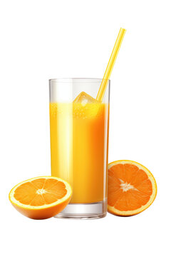 Fresh orange juice in a glass near a orange slices on cutout PNG transparent background. Generative AI