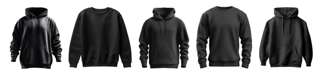 Collection of black sweatshirt mockups, front view, on white background. Generative AI