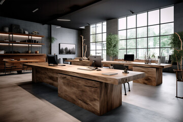 
an office with wood desks and glass walls, in the style of high detailed, grey academia, wood, photo-realistic landscapes, vintage minimalism, light silver and light brown