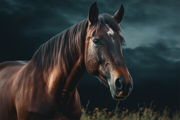 Horse portrait on dark sky background. Portrait of a horse