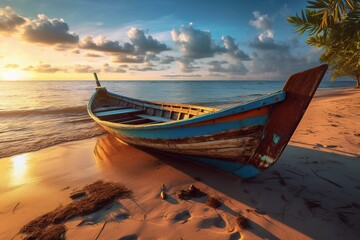 Fototapeta na wymiar Scenic Sunset Beach in Summer Paradise with Wooden Boat, Generative AI