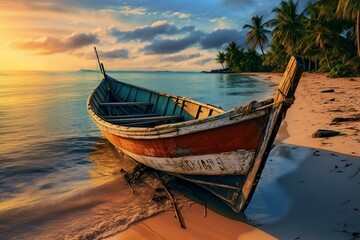 Fototapeta na wymiar scenic Sunset Beach with Wooden Boat, Generative AI