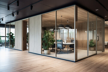 
an office with wood desks and glass walls, in the style of high detailed, grey academia, wood, photo-realistic landscapes, vintage minimalism, light silver and light brown