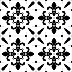 Portuguese Azulejo tile seamless vector decrative pattern with fleur de lis motif, black and white abstract geometric design  © redkoala