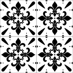 Stof per meter Portuguese Azulejo tile seamless vector decrative pattern with fleur de lis motif, black and white abstract geometric design  © redkoala
