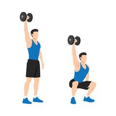 Man doing single or one arm overhead dumbbell squats exercise. Flat vector illustration isolated on white background