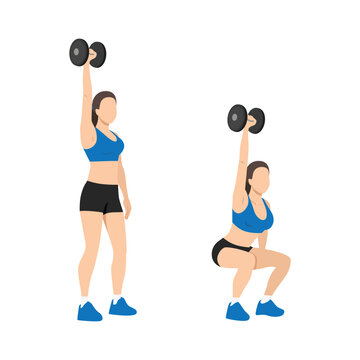 Woman doing single or one arm overhead dumbbell squats exercise. Flat vector illustration isolated on white background