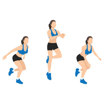 Woman doing single or one leg hops or jumps exercise. Flat vector illustration isolated on white background