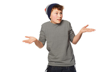 Hands, confused and boy teenager with question sign on isolated, transparent and png background. Choice, decide and teenage male person with decision, emoji and doubt gesture, unsure and asking