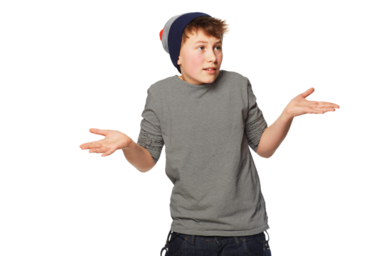 Hands, confused and boy teenager with question sign on isolated, transparent and png background. Choice, decide and teenage male person with decision, emoji and doubt gesture, unsure and asking