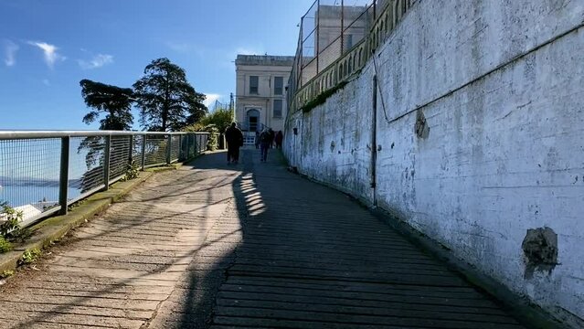 Walking up to the main prison building at Alcatraz, San Francisco, United States.