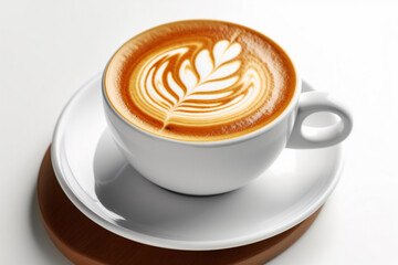 Cup of cappuccino with beautiful latte art, background white