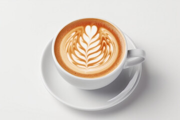 Cup of cappuccino with beautiful latte art, background white