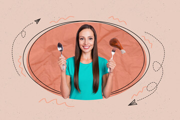 Creative collage image of positive girl arms hold spoon fork fried chicken leg painted airplanes...
