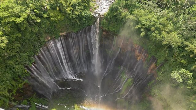 Aerial view of Tumpak Sewu waterfall. Java Island, Indonesia