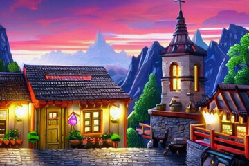 Fototapeta premium Panorama of ancient arab city with houses and the mosque at night. Blue city with perspective. Illustration in cartoon style.