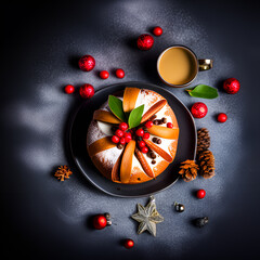Christmas cake panettone on dark background. Generative AI
