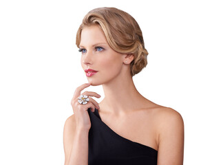 Naklejka premium Elegant style, jewellery and face of woman isolated on transparent, png background for gala or prom. Aesthetic female model think of cosmetic makeup, luxury fashion and beauty or hairstyle for event