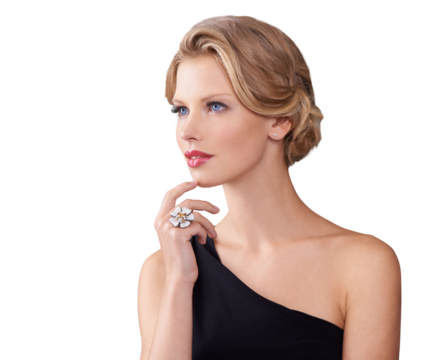 Elegant style, jewellery and face of woman isolated on transparent, png background for gala or prom. Aesthetic female model think of cosmetic makeup, luxury fashion and beauty or hairstyle for event