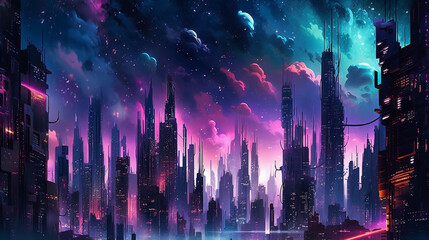 Cyberpunk Style Futuristic sky scrapers skylines at night time, illustration, pink and purple sky. Generative Ai