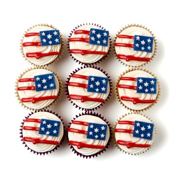 Top view of various USA America flag-shaped cupcakes. Concept of 4th July. Created with generative AI technology.