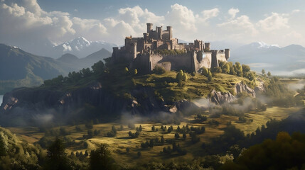 Fototapeta na wymiar a medieval style castle with green grass, trees, on a mountain horizon, clouds. Generative Ai