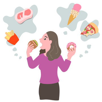 過食症でドーナツとハンバーガーを食べているのに他の食べ物の事を考えている女性と彼女が食べたいと思っている食べ物