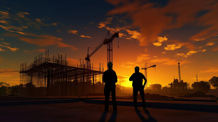 Plakat Silhouette of Engineer and worker on building site, construction site at sunset in evening time. Generative Ai