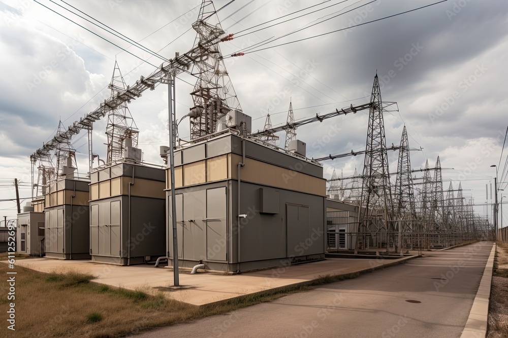 Poster high voltage power lines and high voltage transformer substation in poland. electric substation with