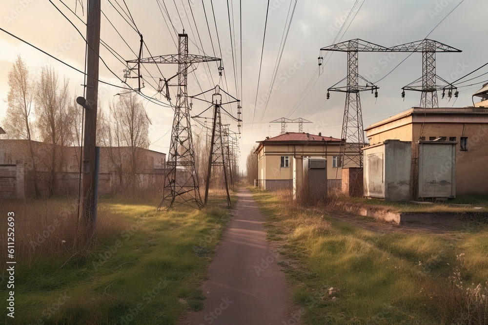 Poster high voltage power lines in the countryside. electricity distribution station. electric substation w