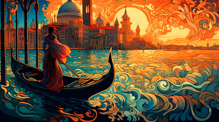 Fototapeta na wymiar Illustration of the beautiful city of Venice. City of gondoliers, bridges, carnivals and love. Italy