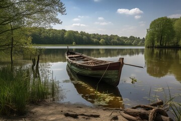 Obraz premium Boat on the shore of a lake in the spring, Poland, yellow boat on the lake at the wooden pier, AI Generated