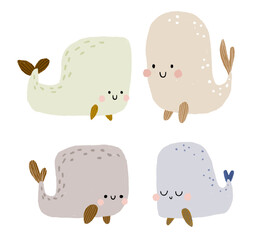 hand-drawn colored childish  simple flat art with whales in scandinavian style. Cute baby animals. Stickers for kids with whales. Sea. Ocean