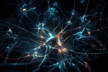 Neuron cell, 3d illustration, computer generated, abstract background, electric energy flowing through Neurons cells, AI Generated