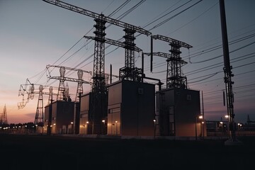 Industrial landscape with high voltage power lines at sunset. Electric substation with power lines and transformer, AI Generated