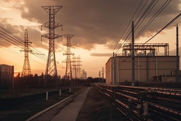 Fototapeta na wymiar Industrial landscape with high voltage power lines at sunset. Electric substation with power lines and transformer, AI Generated