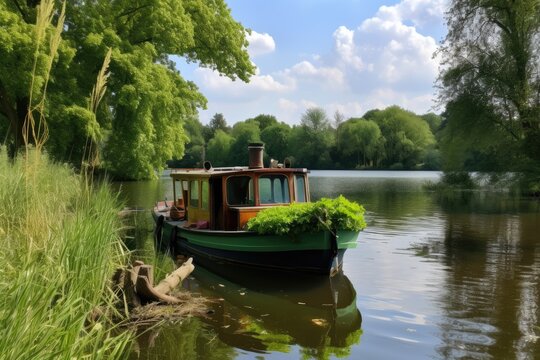 Boat on the river in the city park. Summer landscape. yellow boat on the lake at the wooden pier, AI Generated