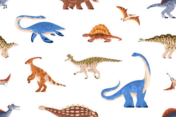 Dinosaur pattern. Seamless background design, repeating dino print, texture. Extinct animals of Jurassic period textile. Printable flat vector illustration for decoration, fabric, wallpaper, wrapping