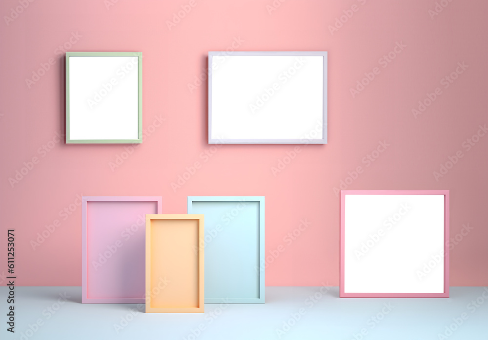 Poster blank empty photo frame with transparent cutout on pastel colourful background, png file. mockup tem